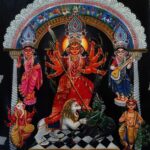 Durga Family Canvas Painting – Hand-Painted Traditional Art of Goddess Durga with Saraswati, Lakshmi, Kartikeya, and Ganesha