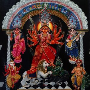 Durga Family Canvas Painting – Hand-Painted Traditional Art of Goddess Durga with Saraswati, Lakshmi, Kartikeya, and Ganesha
