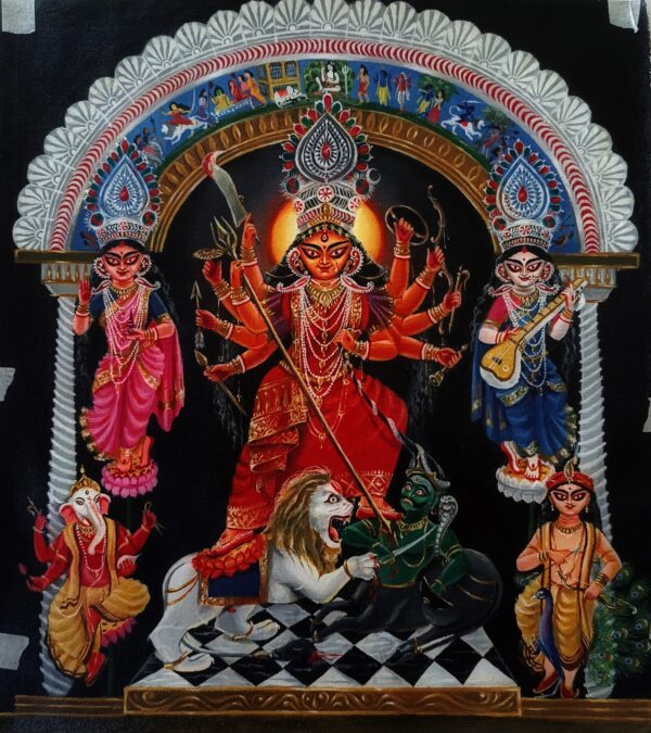 Durga Family Canvas Painting – Hand-Painted Traditional Art of Goddess Durga with Saraswati, Lakshmi, Kartikeya, and Ganesha