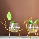 Deer Design Glass Plant Bowl Set (Gold, Pack of 2) – Decorative Round Glass Vase with Iron Stand