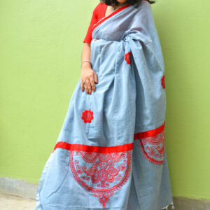 Casco Smokey Grey Cotton Saree with Hand-Worked Blouse – Elegant Ethnic Wear | Patchwork
