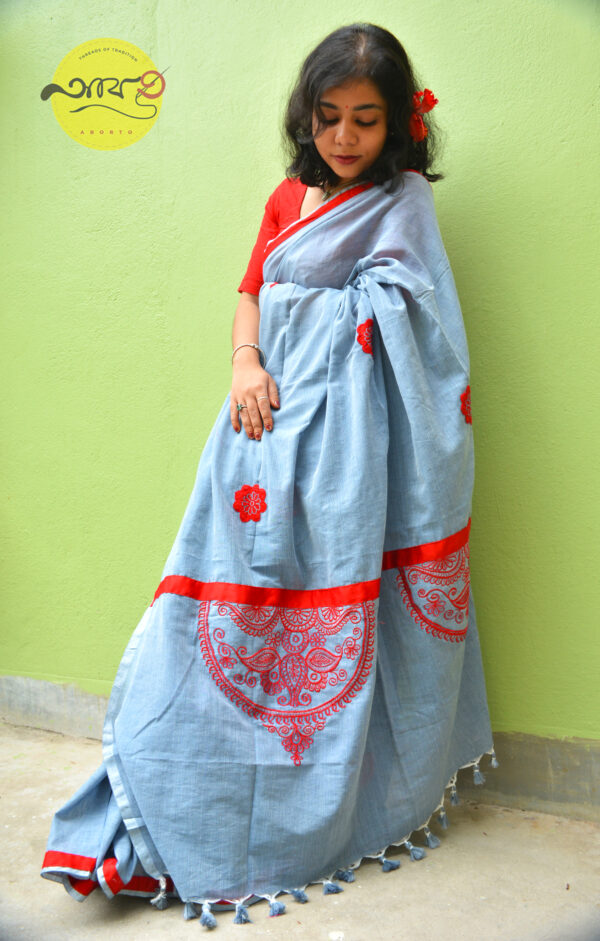 Casco Smokey Grey Cotton Saree with Hand-Worked Blouse – Elegant Ethnic Wear | Patchwork