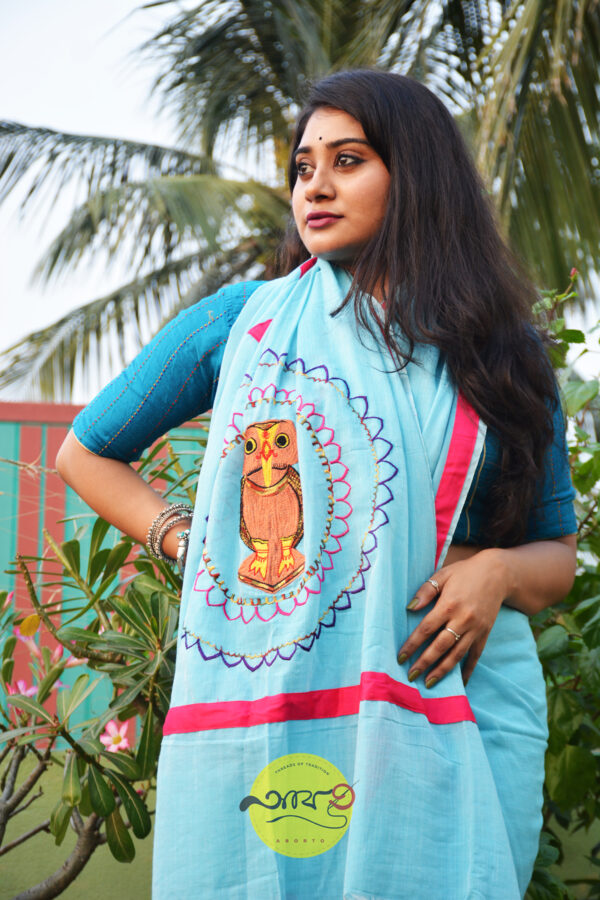 Sky Blue Cotton Saree with Hand-Worked Blouse – Elegant Traditional Wear | Patchwork